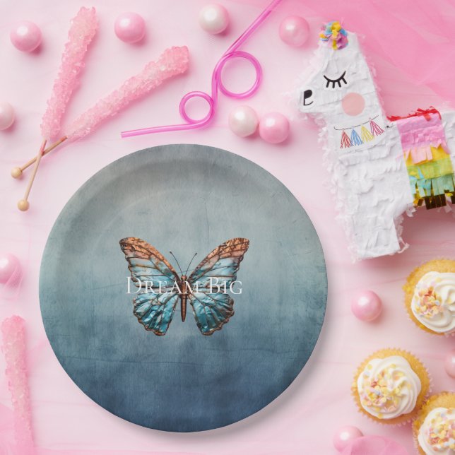 Blue Grey Texture Butterfly Paper Plates (Party)