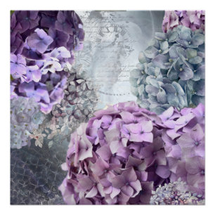 Blue Grey Vintage floral Hydrangea Flower pattern Poster
