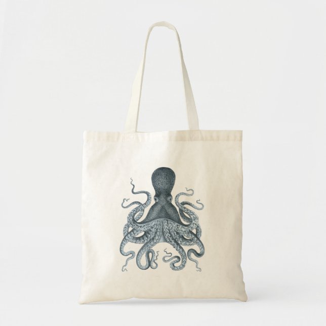 Blue Grey Vintage Octopus Illustration Tote Bag (Front)