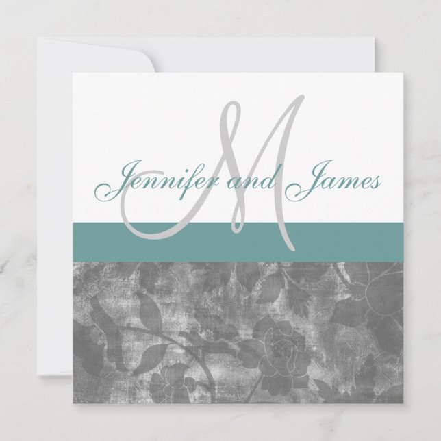 Blue Grey Wedding Invitation Monogram Names Floral (Front)