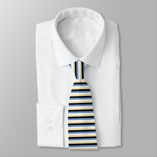 Blue/Grey, White, Beige and Black Stripes Neck Tie (Tied)