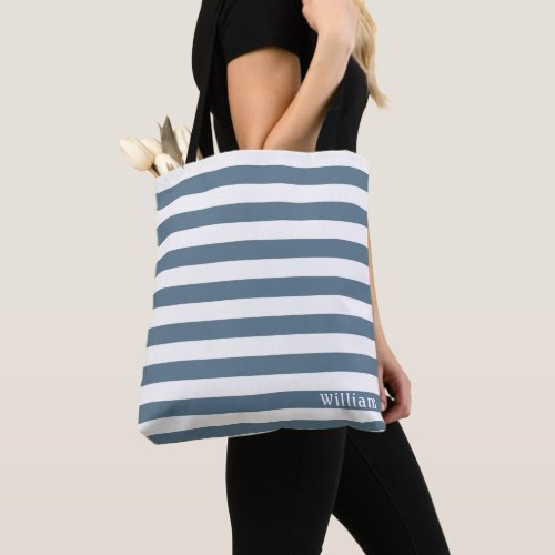 Blue Grey White Cabana Stripes Personalized Beach Tote Bag