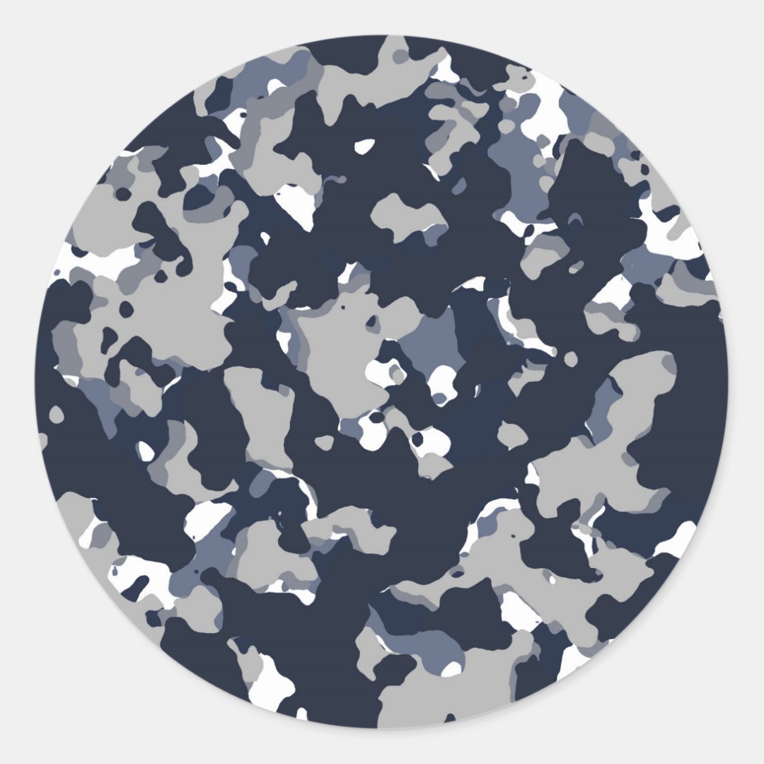 Blue Grey White Camouflage Camo Pattern Party Classic Round Sticker ...