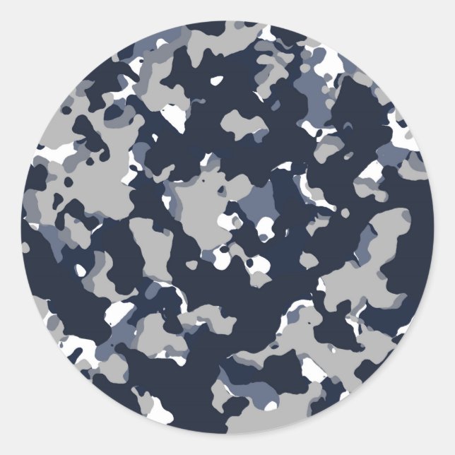 Blue Grey White Camouflage Camo Pattern Party Classic Round Sticker (Front)