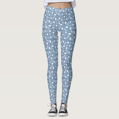 Blue Grey White Liberty Floral Pattern Elegant Pop Leggings