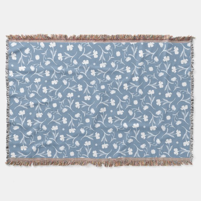 Blue Grey White Liberty Floral Pattern Elegant Pop Throw Blanket (Front)