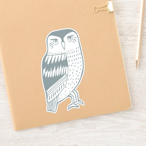 Blue Grey Wise Owl Line Drawing Art Sticker