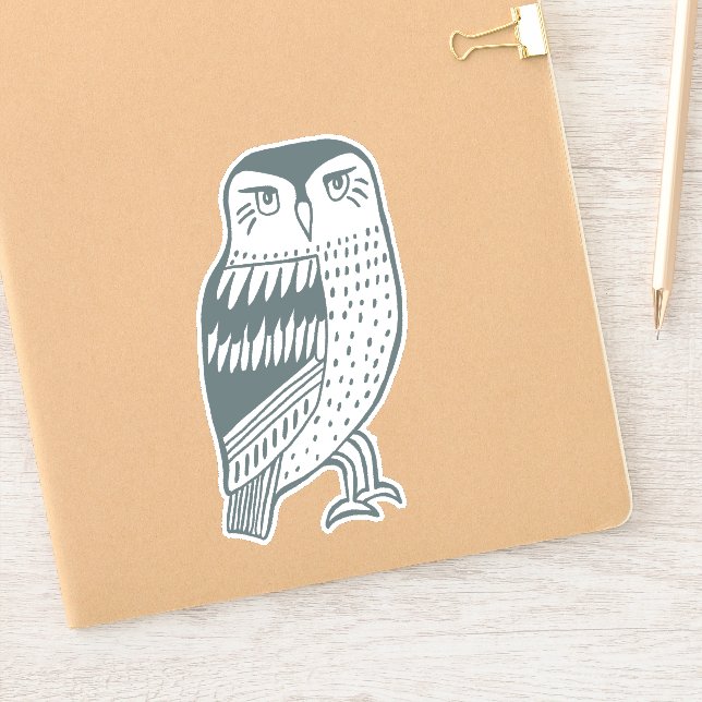 Blue Grey Wise Owl Line Drawing Art Sticker (Notebook)
