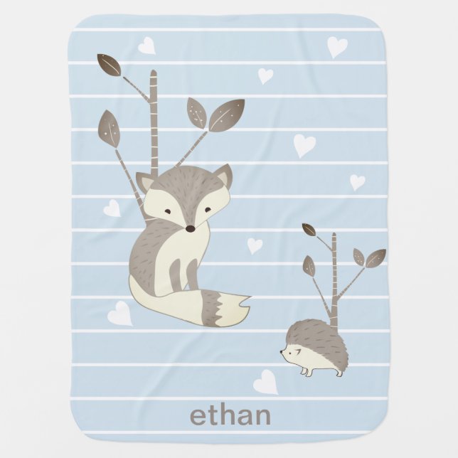Blue Grey Woodland Fox Hedgehog Baby Blanket (Front)