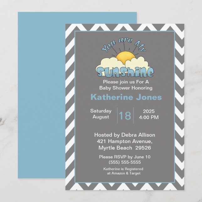 Blue Grey  You Are My Sunshine Baby Shower   Invitation (Front/Back)