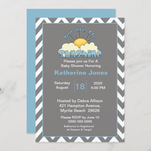 Blue Grey  You Are My Sunshine Baby Shower   Invitation