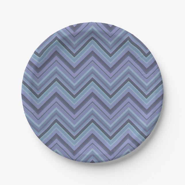 Blue-grey zigzag stripes paper plates (Front)