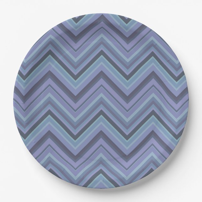Blue-grey zigzag stripes paper plates (Front)