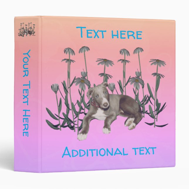 Blue Greyhound Puppy And Daisies Personalized 3 Ring Binder (Front/Spine)