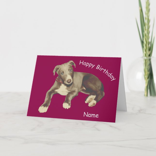 Blue Greyhound Puppy Personalized Birthday Card (Front)