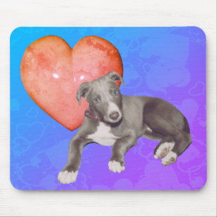 Blue Greyhound Puppy Pink Heart  Mouse Pad