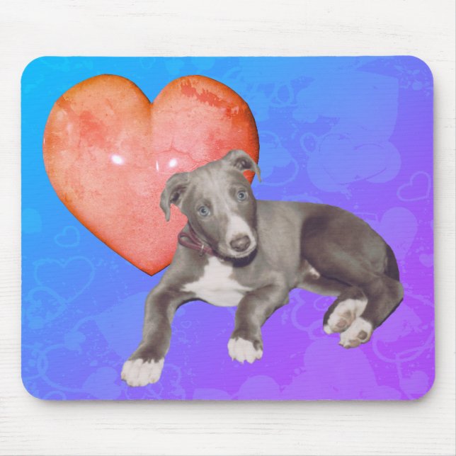 Blue Greyhound Puppy Pink Heart  Mouse Pad (Front)