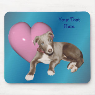 Blue Greyhound Puppy Pink Heart Mousepad