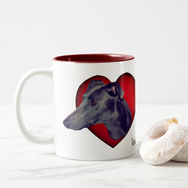 Blue Greyhound Red Heart Personalized Two-Tone Coffee Mug (With Donut)
