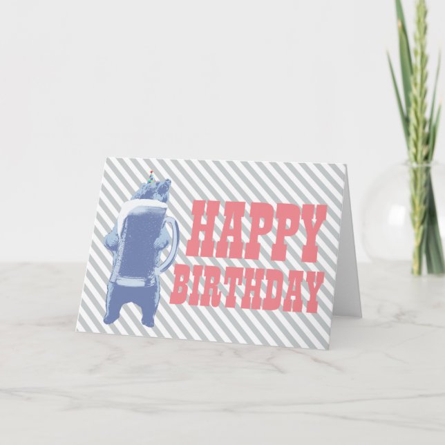Blue Grizzly Bear & Beer Happy Birthday Card (Front)
