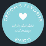 Blue groom's favorite wedding favor sticker<br><div class="desc">A simple sticker for wedding favors with "Groom's favorite" written in white on a simple blue background. The idea is that you use these stickers to decorate your wedding favors by giving, for example, two candy bars or miniature bottles of alcohol which are the favourites of the wedding couple. This...</div>