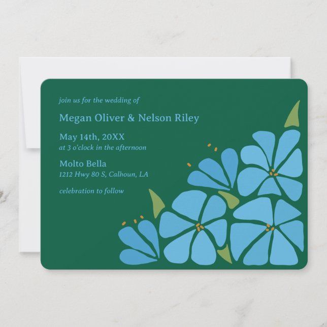 Blue Groovy Flower Pattern Wedding Invitation (Front)