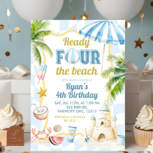  Blue Groovy Ready FOUR the Beach 4th Birthday Invitation