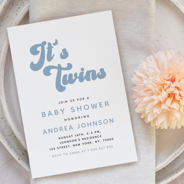 Blue Groovy Retro Boy Twins Minimal Baby Shower Invitation (Creator Uploaded)