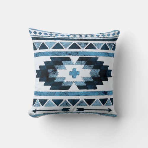 Blue Grunge Aztec Tribal Throw Pillow