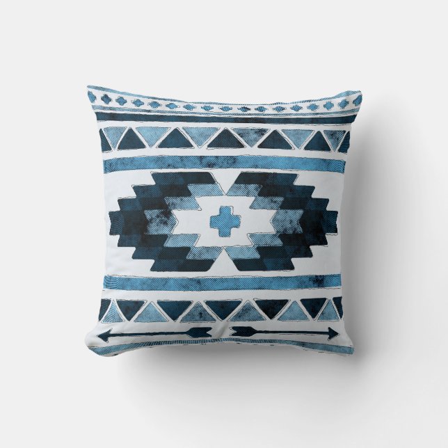 Blue Grunge Aztec Tribal Throw Pillow (Front)