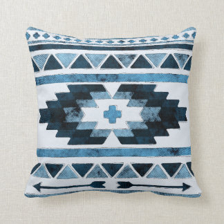 Blue Grunge Aztec Tribal Throw Pillow