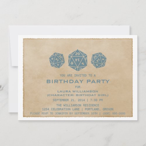 Blue Grunge D20 Dice Gamer Birthday Party Invite