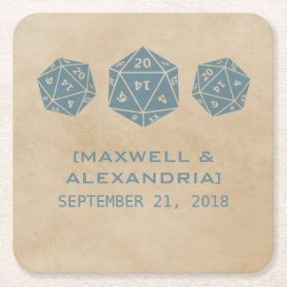 Blue Grunge D20 Dice Gamer Paper Coasters