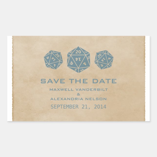 Blue Grunge D20 Dice Gamer Save the Date Stickers (Front)