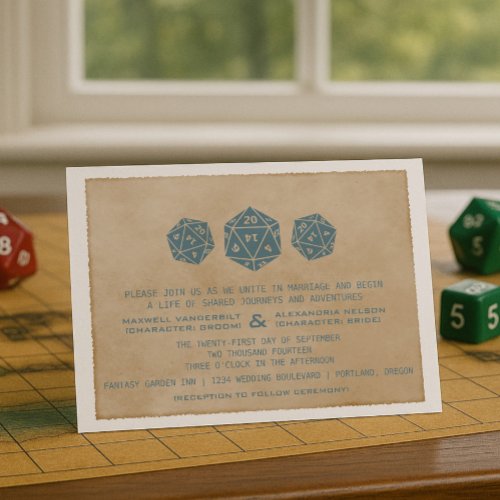 Blue Grunge D20 Dice Gamer Wedding Invitation