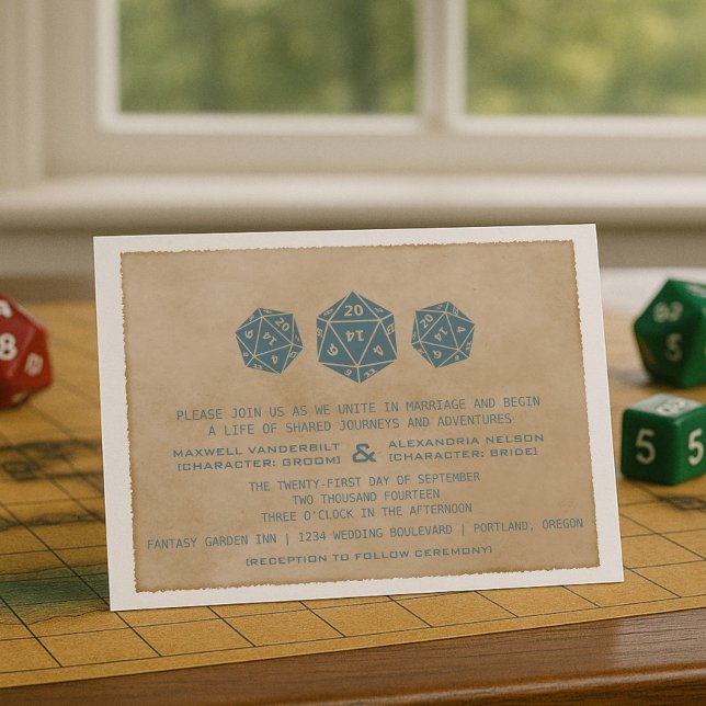 Blue Grunge D20 Dice Gamer Wedding Invitation (Blue Grunge D20 Dice Gamer Wedding Invitation)