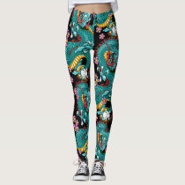 Blue Cherry Blossom Dragon Tattoo in Black Leggings