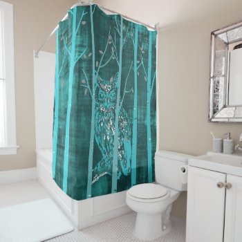 Blue Grunge Owl Art Shower Curtain by LouiseBDesigns at Zazzle
