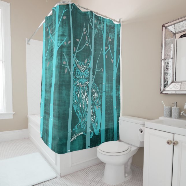 Blue Grunge Owl Art Shower Curtain (In Situ)