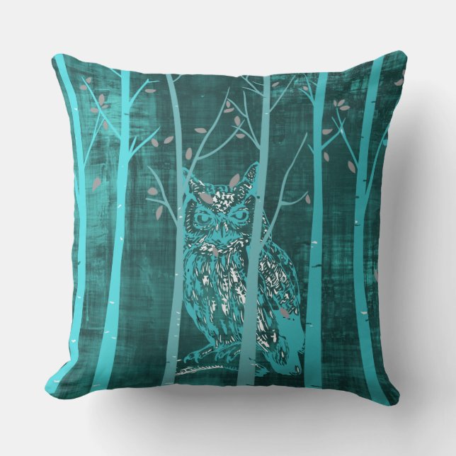 Blue Grunge Owl Throw Pillow (Front)