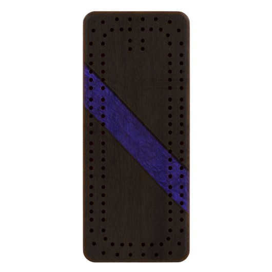 Blue grunge paper stripe black leather wood cribbage board (Front Vertical)