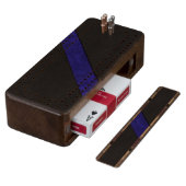 Blue grunge paper stripe black leather wood cribbage board (Angled)