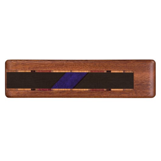 Blue grunge paper stripe black leather wood cribbage board (Side)