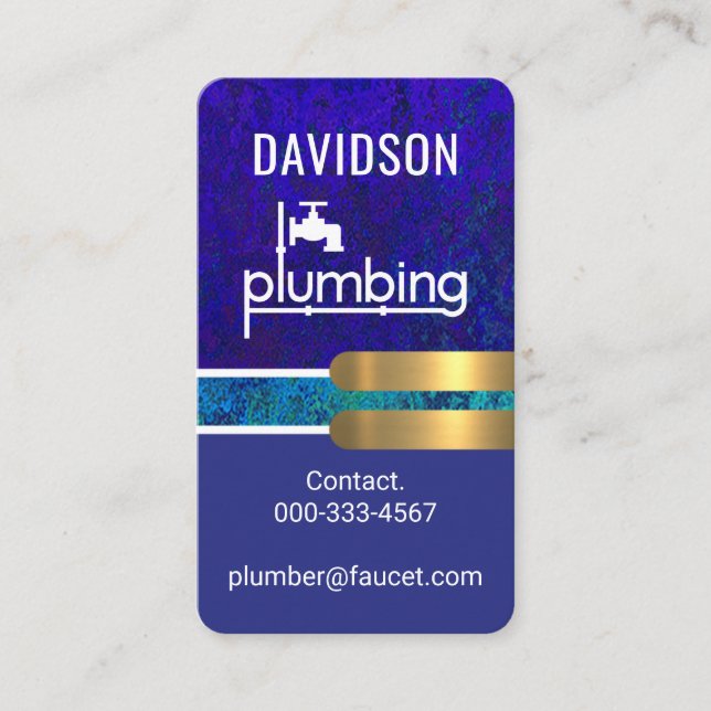 Blue Grunge Plumbing Gold Tabs Business Card (Front)