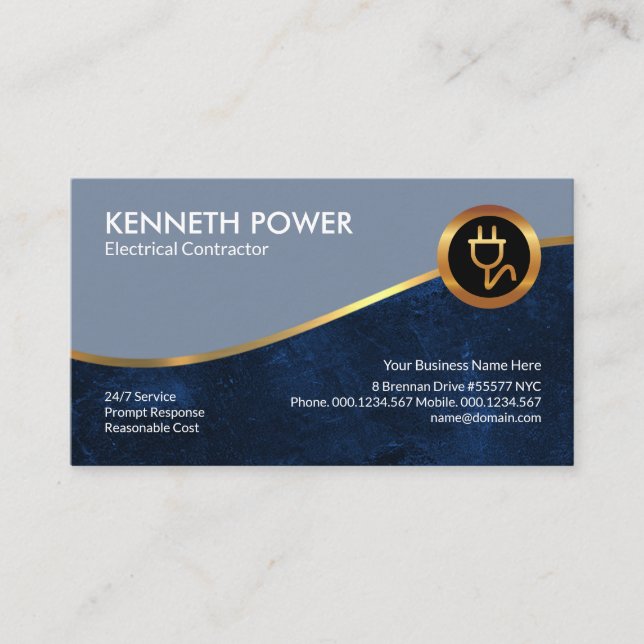 Blue Grunge Royal Gold Wave Electrician Business Card (Front)