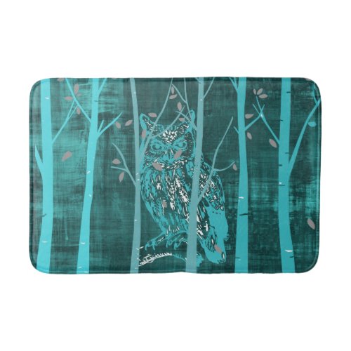 Blue Grunge Woodland Owl Art Bath Mat