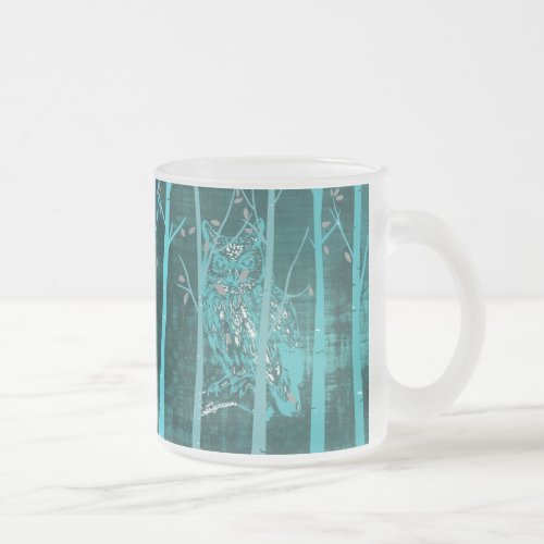 Blue Grunge Woodland Owl Art Frosted Glass Coffee Mug