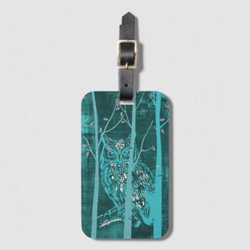 Blue Grunge Woodland Owl Art Luggage Tag