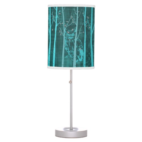 Blue Grunge Woodland Owl Art Table Lamp