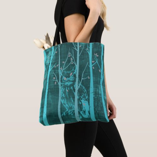 Blue Grunge Woodland Owl Art Tote Bag